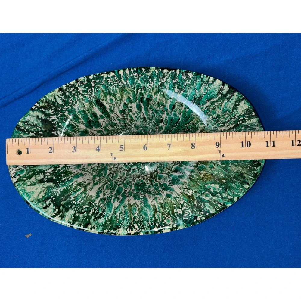 Akcam Turkish Art Glass Green and Beige Splatter print Oval Bowl 11x7.5